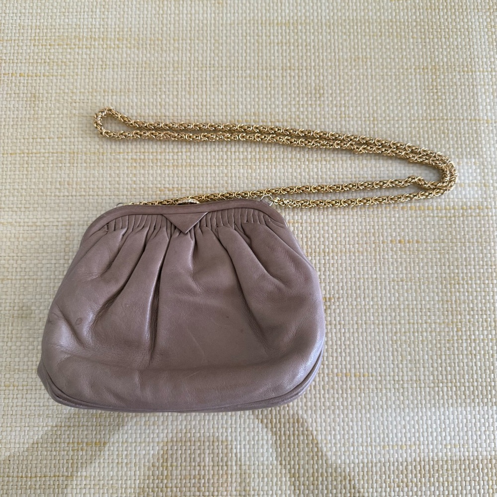 CHANEL Taupe Leather Clutch with Gold Chain